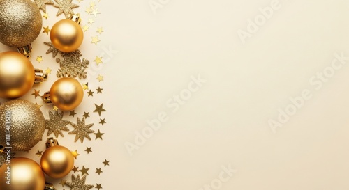 Shiny gold holiday ornaments and stars line the left, leaving ample light background space