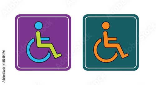 Accessible restroom signage depictions of individuals in wheelchairs on purple and teal