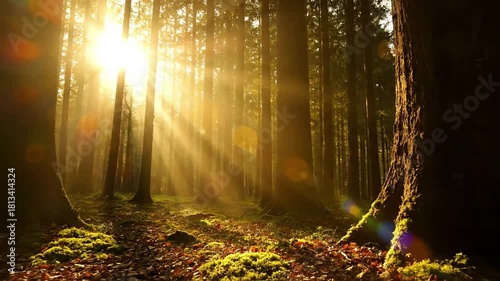 Golden hour sun flares filtering through a dense, ancient forest canopy, casting ethereal beams and dappled light onto the mossy undergrowth. Capturing the magical, transformative effect of natural?