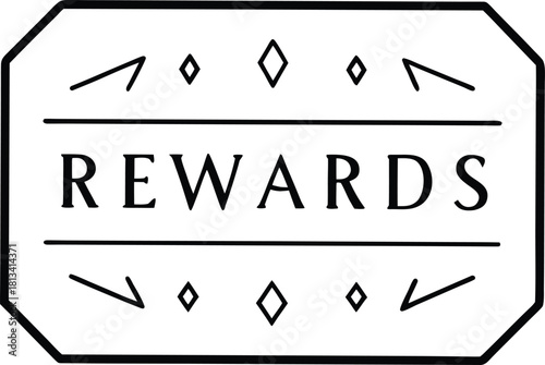 Elegant Black and White "Rewards" Emblem with Geometric Accents and Decorative Lines