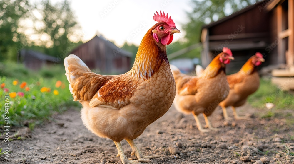 Fototapeta premium Brown chickens walking on a farmyard path