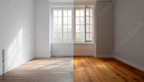 A split image showcasing a room, one half bright white with light-toned wood floors, the other a warmer tone with richer wood flooring