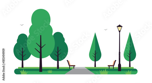 A peaceful park scene with trees a pathway and benches