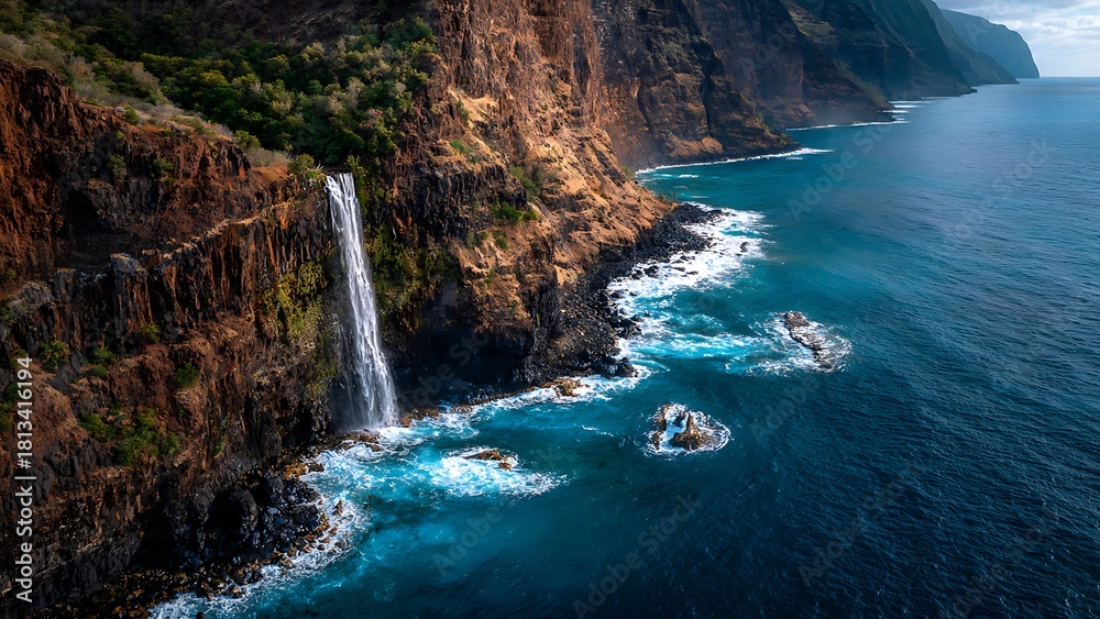 Obraz premium Majestic Waterfall Pouring into a Deep Ocean Cove Surrounded by Cliffs