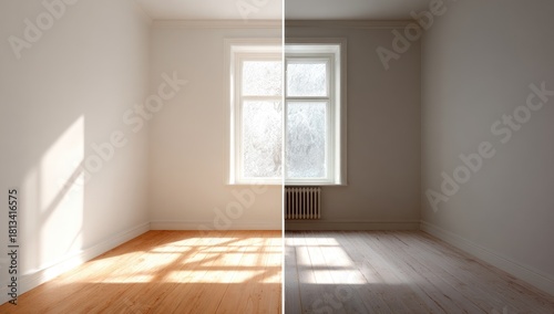 Before & after room reveal; split image showcasing a sunlit empty room, before and after light wood floor refinishing.  One side shows a darker, richer tone; the other lighter, bleached