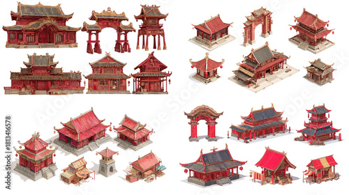 A collection of traditional Asian temples with red gates, pavilions, archways and ornate roofs. Stylized game asset set featuring classical cultural architecture in detailed artwork.