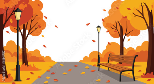 Autumn park scene with pathway benches and falling orange leaves