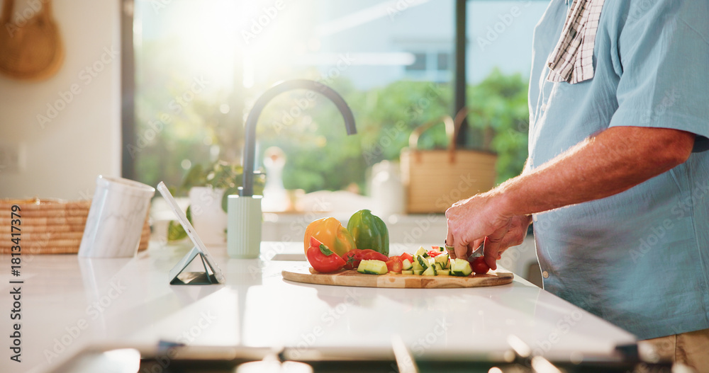 Naklejka premium Man, hands and vegetables with tablet, food or meal prep for healthy cooking tutorial in kitchen. Male person, chopping or preparation with technology, flare or ingredients for organic recipe or diet
