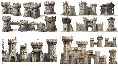 A collection of medieval stone castles with towers, walls, gates and fortifications. Stylized game asset set depicting ancient strongholds in detailed fantasy architecture.