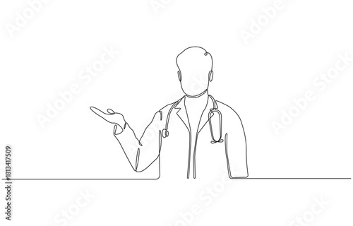 Continuous line drawing of man doctor with stethoscope and medical uniform, One line sketch editable stroke of health care concept, isolated on transparent background, Vector illustration.