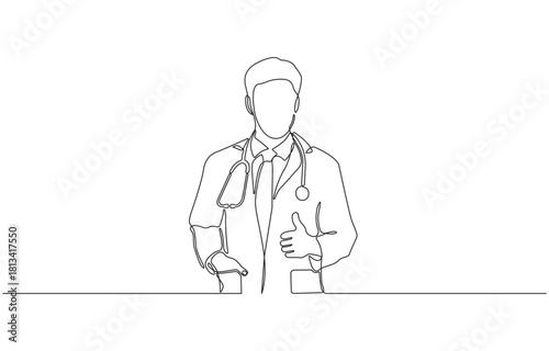 Continuous line drawing of man doctor with stethoscope and medical uniform, One line sketch editable stroke of health care concept, isolated on transparent background, Vector illustration.