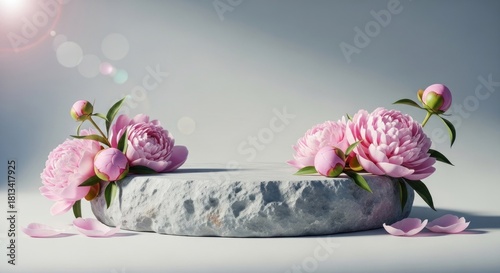 Textured stone podium with pink peony blooms and petals, bathed in soft, ethereal light