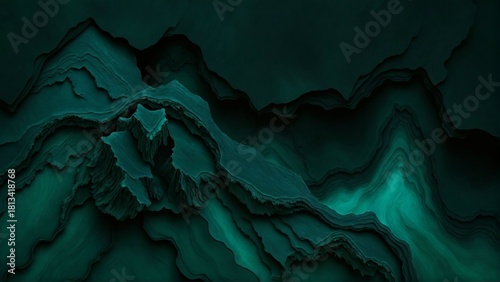 Dark moody background of an abstract teal and black rocky landscape, representing a concept of deep geological mystery and exploration