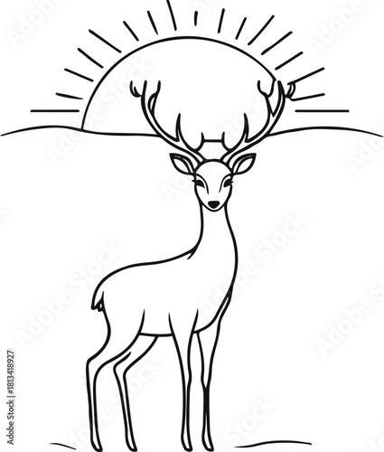Single line art of a deer standing beneath a rising sun — concept of new beginnings and calm 1.