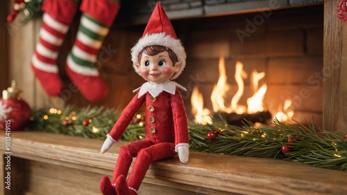 Cozy christmas elf doll by the fireplace, festive christmas elf doll holiday decoration, charming christmas elf doll interior scene