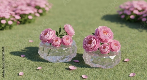 Two ice chunks with pink roses sit on green grass, with scattered petals and flowers