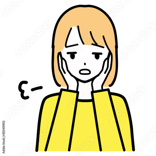 頬に手を当てて憂鬱な表情をしている若い女性のイラスト