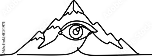 Single-line abstract mountain range where one peak forms the outline of an eye, merging nature and surreal vision