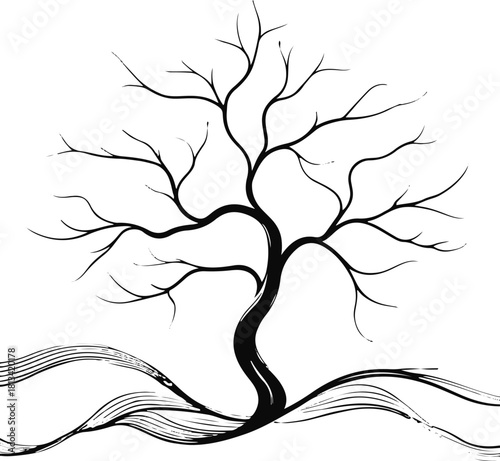 Single-stroke abstract tree silhouette whose branches subtly transform into flowing wave lines, symbolizing harmony between nature and motion 1