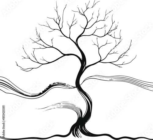 Original name(s): Single-stroke abstract tree silhouette whose branches subtly transform into flowing wave lines, symbolizing harmony between nature and motion