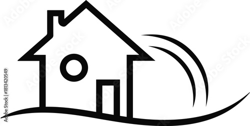 Single-stroke abstract village house silhouette with a curved horizon line and a rising sun hinted by minimal arcs1