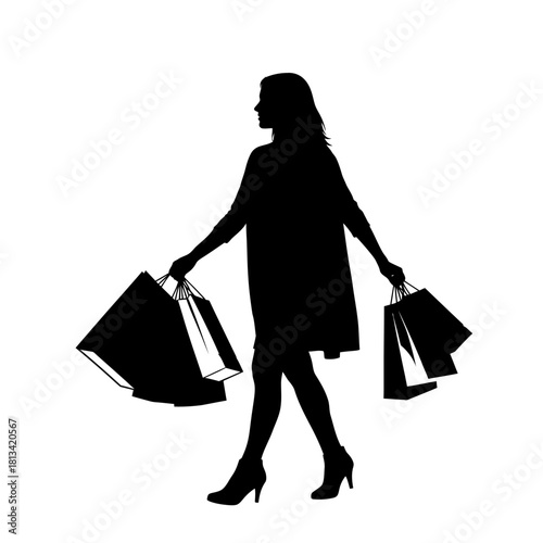 A lady with shopping beg silhouette isolated on white background