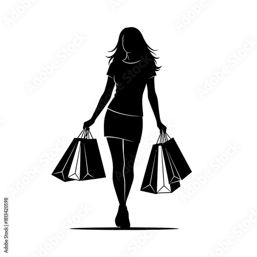 A lady with shopping beg silhouette isolated on white background