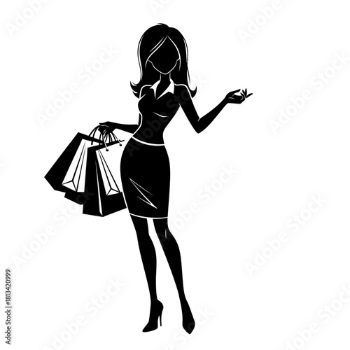 A lady with shopping beg silhouette isolated on white background