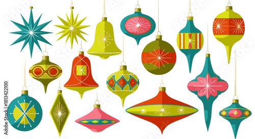 Vibrant Christmas ornaments in various shapes and colors hang from strings against a clean white background on Christmas Day.