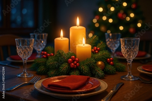 Warm holiday dinner table with lit candles, festive greenery, and elegant place settings