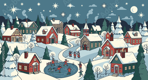 Illustration of a snowy village on Christmas Day with people ice skating, featuring red houses, green trees, and a starry night sky with a full moon.
