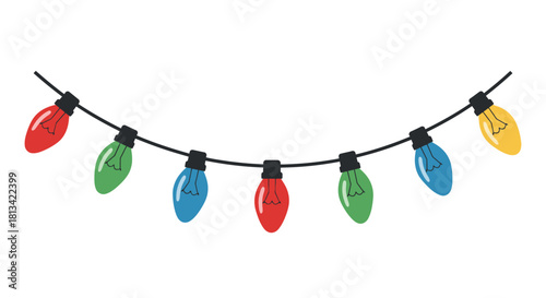A vibrant string of colorful holiday lights, featuring red, green, blue, and yellow bulbs, perfect for festive decorations.