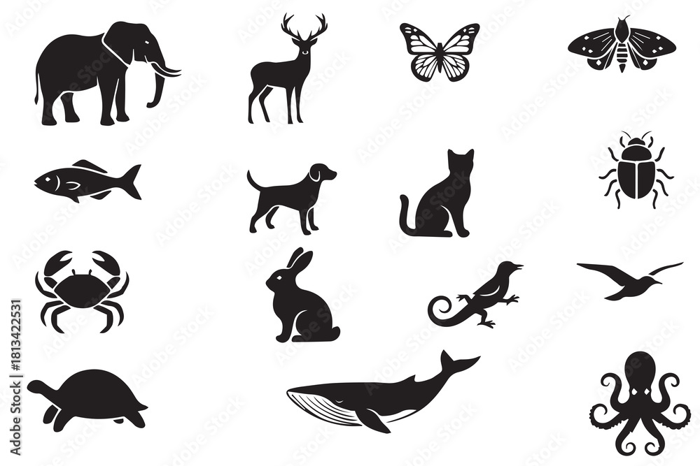 Fototapeta premium Diverse Animal Kingdom Silhouette Icon Set: Black Vector Graphics of Mammals, Insects, Marine, and Reptiles