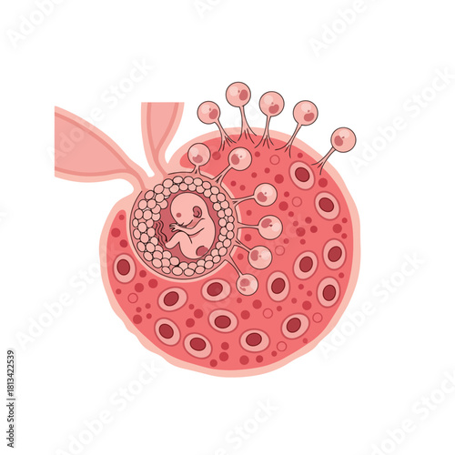 Detailed biological illustration depicting the early human embryo nestled within a reproductive