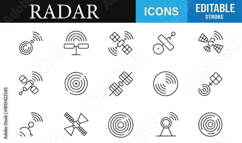 Clean line art icons of radar waves, antennas, and space communication equipment