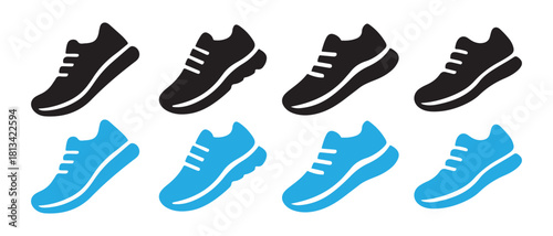 Sport fitness running shoes vector icons set in black and blue.