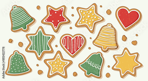 A collection of festive gingerbread cookies in star, bell, and heart shapes, decorated with colorful icing patterns on a light background.