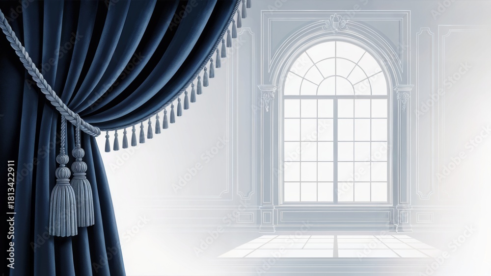 Obraz premium Luxury Window Curtain and Arch Window, Elegant Luxury Window Interior Design Backdrop, Luxury Window with Velvet Drapes and Tassels, Classical Architectural Concept.