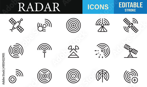 Minimal radar and satellite icon set with signal waves, antennas, and scanning symbols