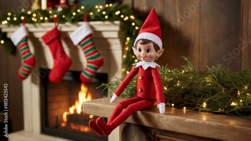Adorable christmas elf doll sitting on mantel, classic christmas elf doll holiday home décor, warm christmas elf doll in festive living room