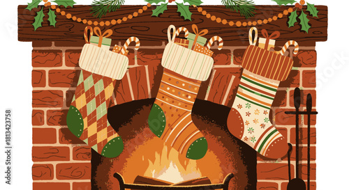A cozy Christmas fireplace scene with stockings hung by the chimney with care, filled with gifts and candy canes.