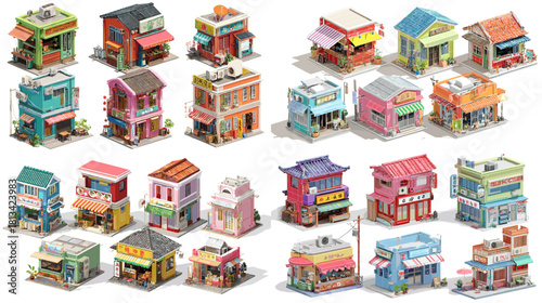 A collection of colorful urban shop buildings with cafes, markets, restaurants and small stores. Stylized game asset set featuring charming city street shops in detailed artwork.