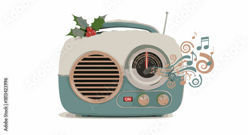A vintage-style radio with a festive holly sprig and musical notes emanating from the speaker.