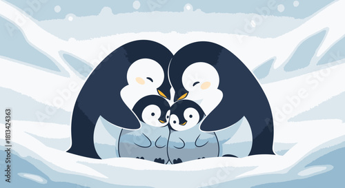 A heartwarming cartoon illustration of a penguin family, with two adult penguins lovingly embracing their two fluffy chicks in a snowy, icy landscape.