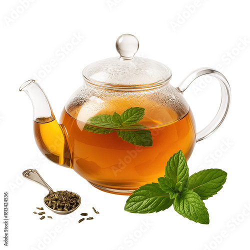 Fresh Mint Green Tea in Glass Teapot with Loose Leaves