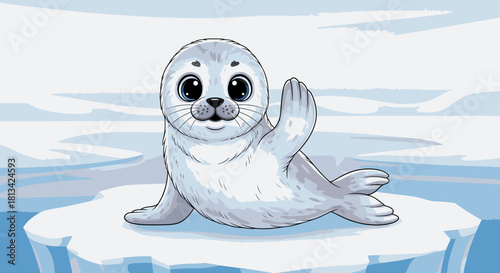 A cute, fluffy baby seal with big dark eyes waves its flipper while sitting on an ice floe in the ocean.