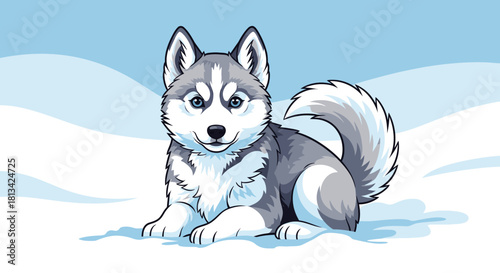 A cute cartoon husky puppy with blue eyes, lying in the snow, looking at the viewer.