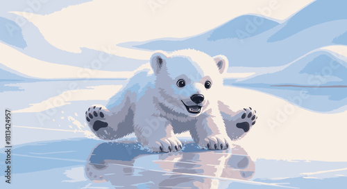 A cute, fluffy polar bear cub playfully slides across a glistening ice surface in a snowy, arctic landscape.