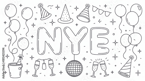 New Years Eve party doodle elements hand-drawn vector illustration with balloons hats and champagne perfect for holiday designs and invitations