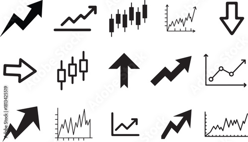 Black Stock Market Icon Set – Arrows, Charts, Candlestick, Trend Lines – Minimal Vector Pack